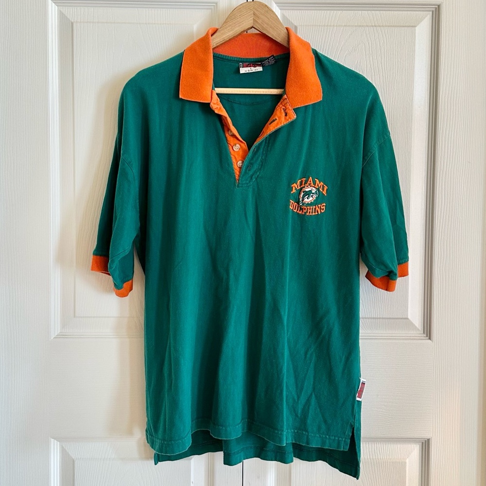 🐬 Vintage 1997 Miami Dolphins Polo Shirt NFL Logo Athletic 90s Teal Orange L